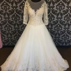 Size 12 Ivory Tulle W/ Gold Lace Accents Sophia Tolli 3/4 Sleeve Ballgown WEDDING DRESSES