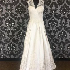 Size 12 Alabaster Justin Alexander Satin & Lace Cap Sleeve A-line V-Neck