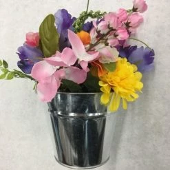 Something Blue Wedding Tin Bucket W/ Colorful Floral Arrangement Silver Size 10"