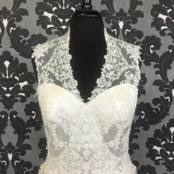 Size 12 Alabaster Justin Alexander Satin & Lace Cap Sleeve A-line V-Neck