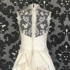 Size 12 Alabaster Justin Alexander Satin & Lace Cap Sleeve A-line V-Neck