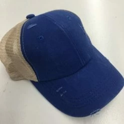 Something Blue Wedding THE PARLOUR Tan Mesh Cobalt Blue Washed Criss Cross Trucker Hat
