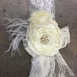 Something Blue Wedding Ivory Lace Headband W/ Satin Pearl And Rhinestone Flower Accent HAIR ACCESSORIES