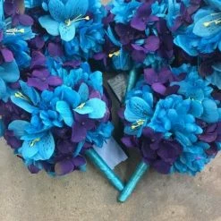 Something Blue Wedding 9" Round Bouquet Purple/Blue Flowers Ribbon Wrapped Handle DECOR