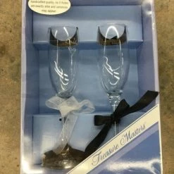 Size 2 Pc Black & WhiteRibbon Treasure Masters Glass Champagne Flute GLASSWARE