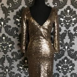 Something Blue FORMAL/MOTHER'S DRESSES Size S Gold Lac Bleu Sequin Cocktail 3/4 Length 1125LD