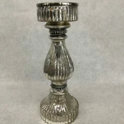 Something Blue Pillar Candle Holder Size 11.5" Glass Silver Mercury Glass CANDLES DECOR