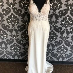 Something Blue Stella York 6648ZZ Size 12 Ivory Crepe And Lace Sleeveless Fit & Flare