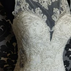 Something Blue Stacy's Wedding Dress Size 4 Crepe/Beaded Ivory Highneck Fit & Flare WEDDING DRESSES