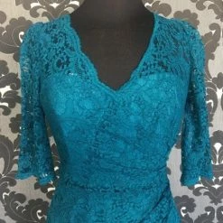 FORMAL/MOTHER'S DRESSES Size 10 Teal Belsoie L174022 Cocktail Lace 3/4 Length