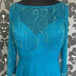 Size 10 Teal Rina Di Montella Floor Chiffon 3/4 Length FORMAL/MOTHER'S DRESSES