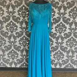 Size 10 Teal Rina Di Montella Floor Chiffon 3/4 Length FORMAL/MOTHER'S DRESSES