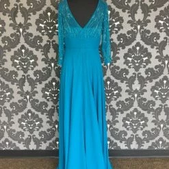 Size 10 Teal Rina Di Montella Floor Chiffon 3/4 Length FORMAL/MOTHER'S DRESSES