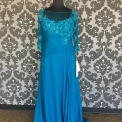 FORMAL/MOTHER'S DRESSES Size 18 Teal Rina Di Montella 1910 Floor Chiffon Half Sleeve