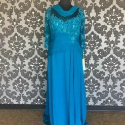 FORMAL/MOTHER'S DRESSES Size 18 Teal Rina Di Montella 1910 Floor Chiffon Half Sleeve