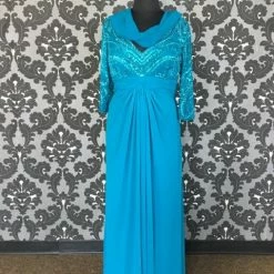 Size 22 Teal Rina Di Montella 1804 Floor Chiffon Long Sleeve FORMAL/MOTHER'S DRESSES