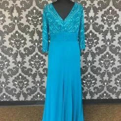 Size 22 Teal Rina Di Montella 1804 Floor Chiffon Long Sleeve FORMAL/MOTHER'S DRESSES