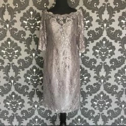 FORMAL/MOTHER'S DRESSES Size 4 Pewter Social Occasions Cocktail Lace 3/4 Length FORMAL DRESSES