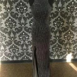 Something Blue PROM Size 4 Gun Metal LAFEMME Velvet Sheath Strappy Back 26116