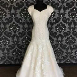 Size 14 Champagne Ivory Allure Bridal Lace Cap Sleeve Fit & Flare Sweetheart