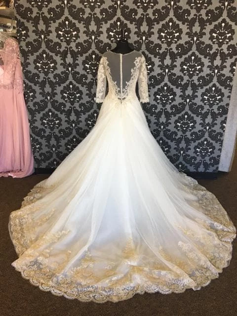 Size 12 Ivory Tulle W/ Gold Lace Accents Sophia Tolli 3/4 Sleeve Ballgown WEDDING DRESSES 5 Size 12 Ivory Tulle W/ Gold Lace Accents Sophia Tolli 3/4 Sleeve Ballgown WEDDING DRESSES