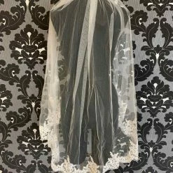 Something Blue VEILS Finger Tip Ivory Tulle With Beaded Lace Applique Veil