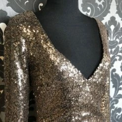 Something Blue FORMAL/MOTHER'S DRESSES Size S Gold Lac Bleu Sequin Cocktail 3/4 Length 1125LD