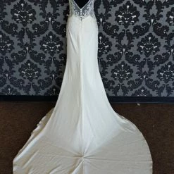Something Blue Stacy's Wedding Dress Size 4 Crepe/Beaded Ivory Highneck Fit & Flare WEDDING DRESSES