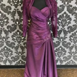 Something Blue Jade By Jasmine K158011 Women's Formal Satin Eggplan Size 10 W/ Lace Jacket