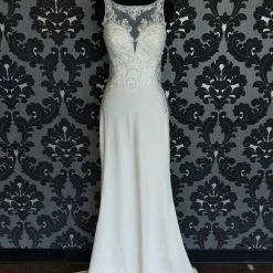 Something Blue Stacy's Wedding Dress Size 4 Crepe/Beaded Ivory Highneck Fit & Flare WEDDING DRESSES